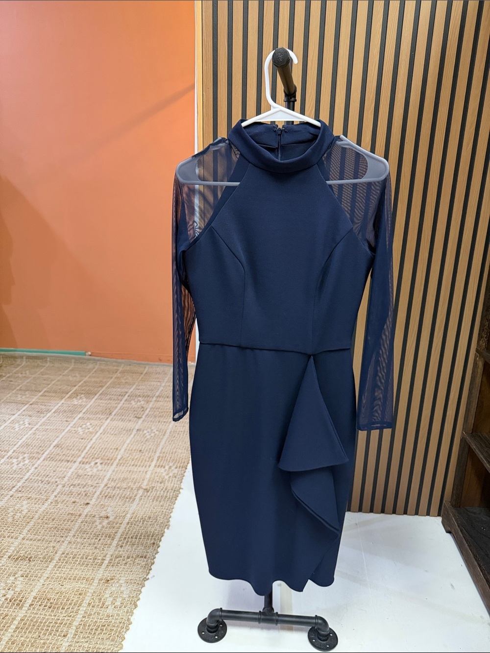 Betsy & Adam Navy Long-Sleeve Mesh Cocktail Dress